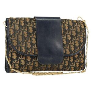 Authentic Christian Dior Trotter Canvas Chain Shoulder Bag Navy Gold